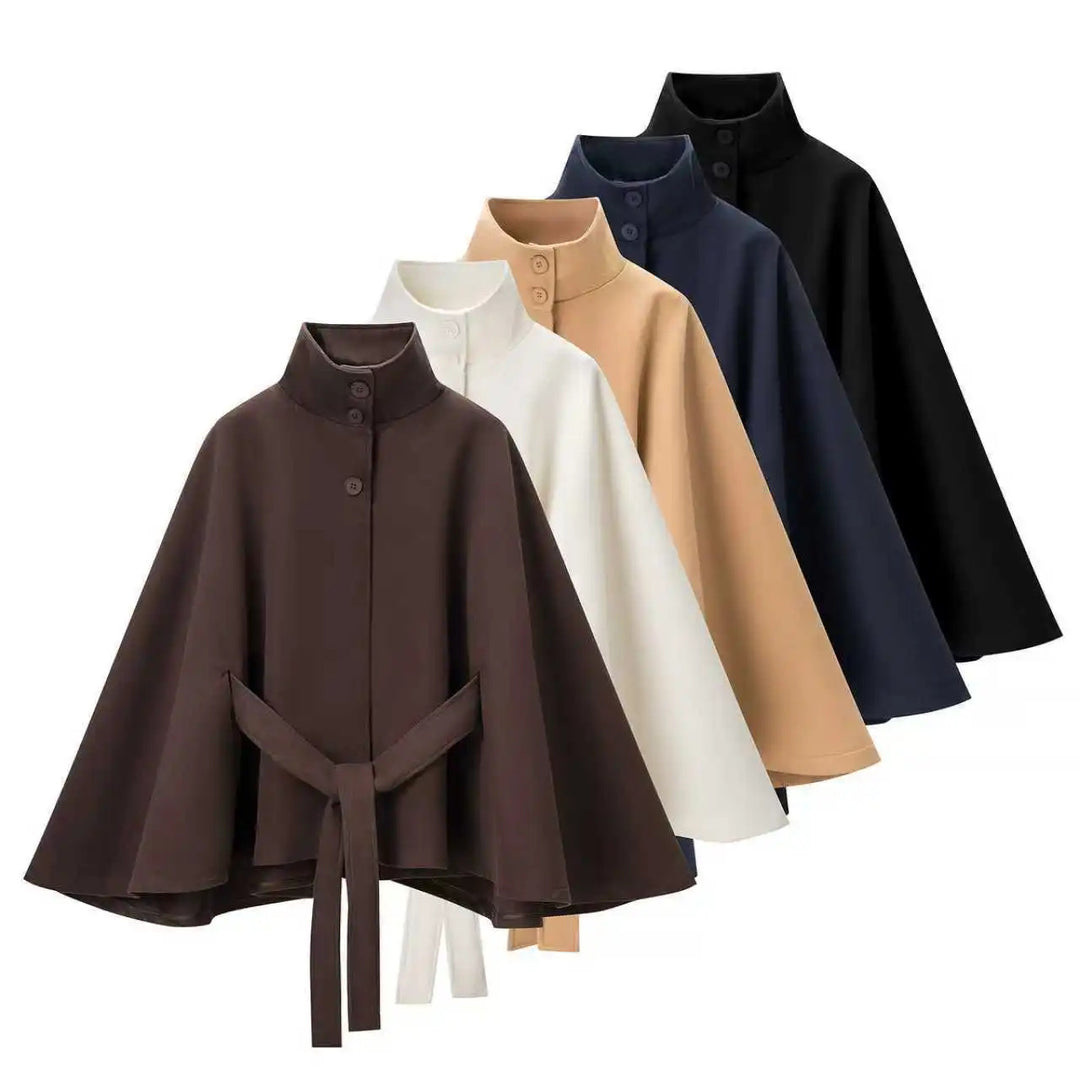 Women's tailored cape with stand collar, button closure and tie belt Mune Fashion