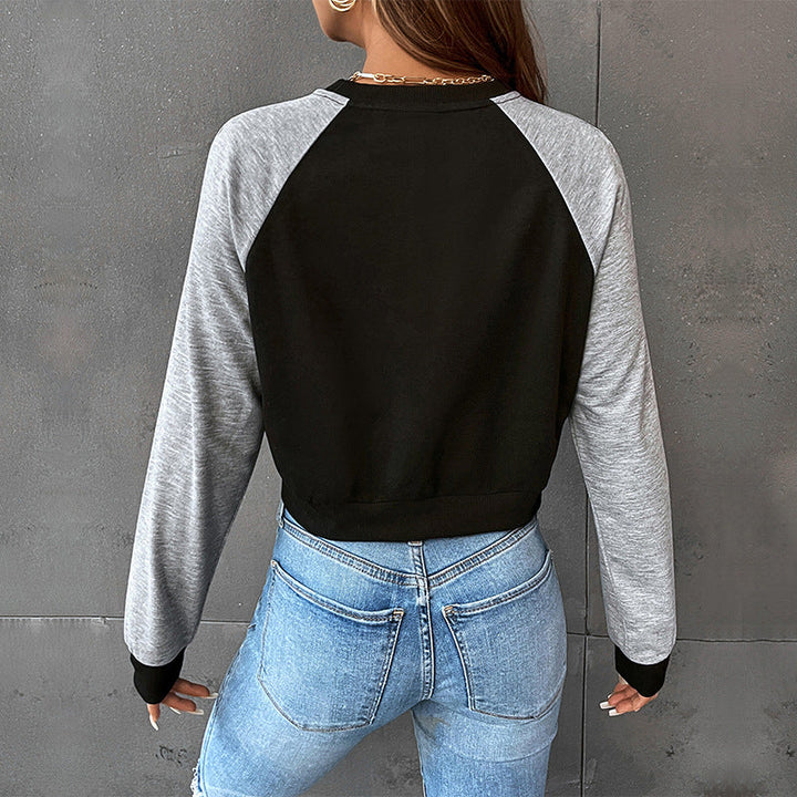 Women Short-Cropped College Sweatshirt with Raglan Sleeves and Elastic Hem Mune Fashion
