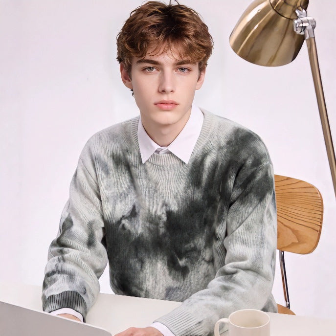 Men's Oversized Knit Sweater with Tie-Dye Look, Round Neck and Ribbed Cuffs Mune Fashion