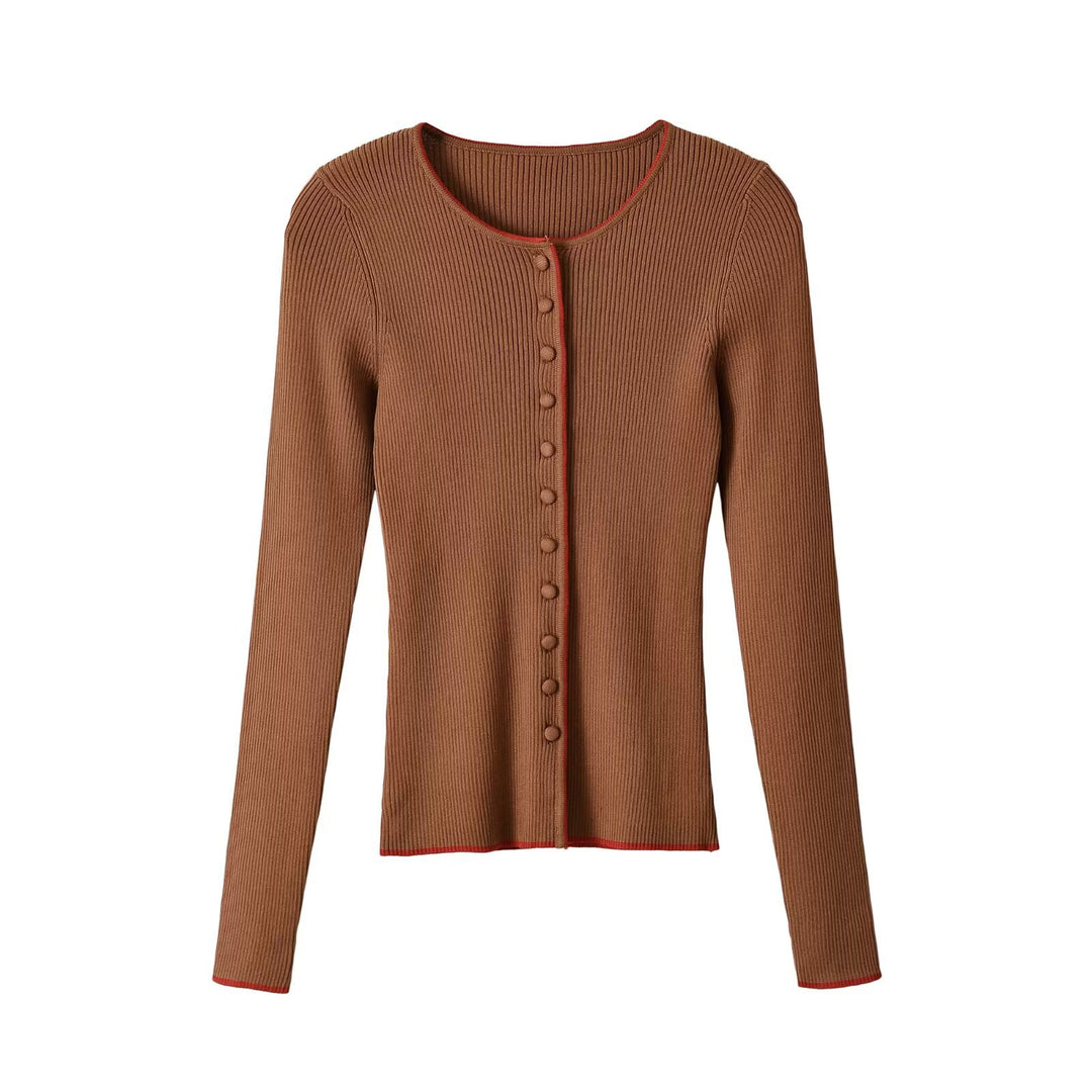Women's fine ribbed cardigan with concealed button placket and contrast edge Mune Fashion