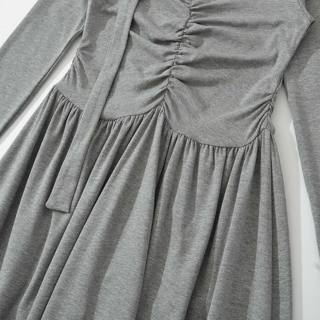 Women Long Jersey Maxi Dress with Gathering, V-Neck and Tied Scarf Mune Fashion