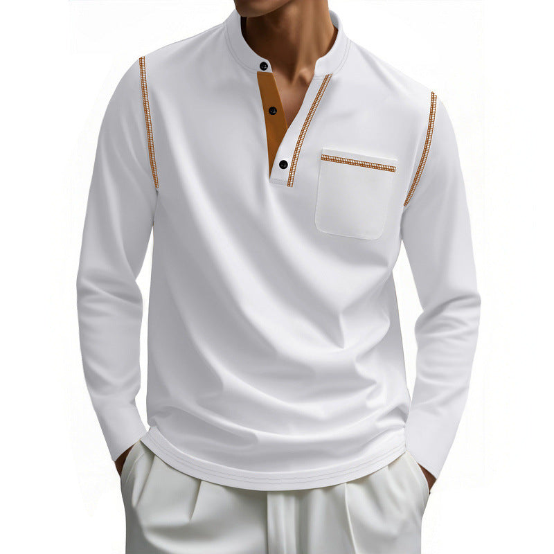 Men's long-sleeve cotton Henley with stand-up collar, chest pocket, and decorative seams Mune Fashion