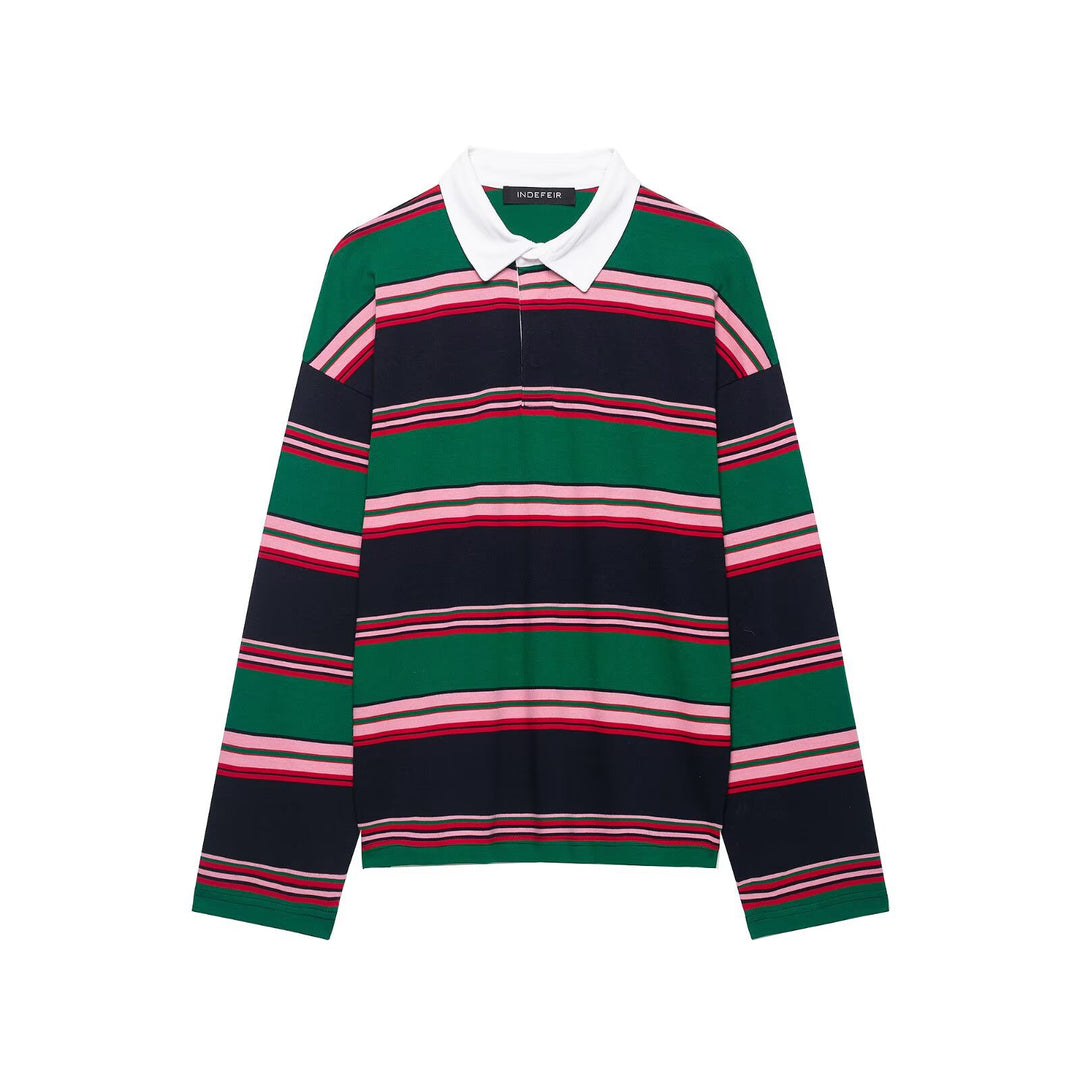 Women Oversize Rugby Polo Shirt with White Kent Collar and Wide Horizontal Stripes Mune Fashion
