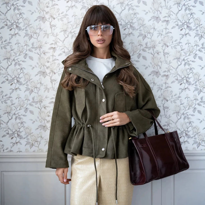 Women's short jacket made of suede look with hood, drawstring waist and patch pockets Mune Fashion