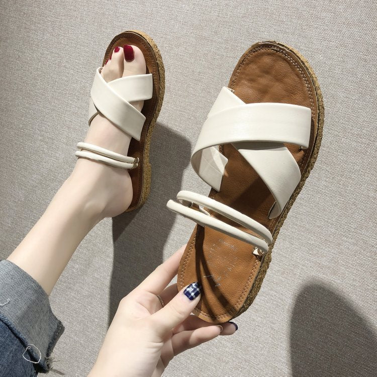 Ladies' flat sandals with crossed padded straps, triple elastic heel strap, and ergonomic cork sole Mune Fashion