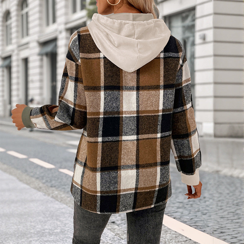 Women Casual Hoodie with Checkered Sleeves Mune Fashion