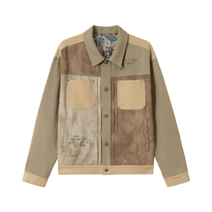 Men's Patchwork Canvas Blouson Jacket in Vintage Look with Contrast Pockets and Paisley Lining Mune Fashion