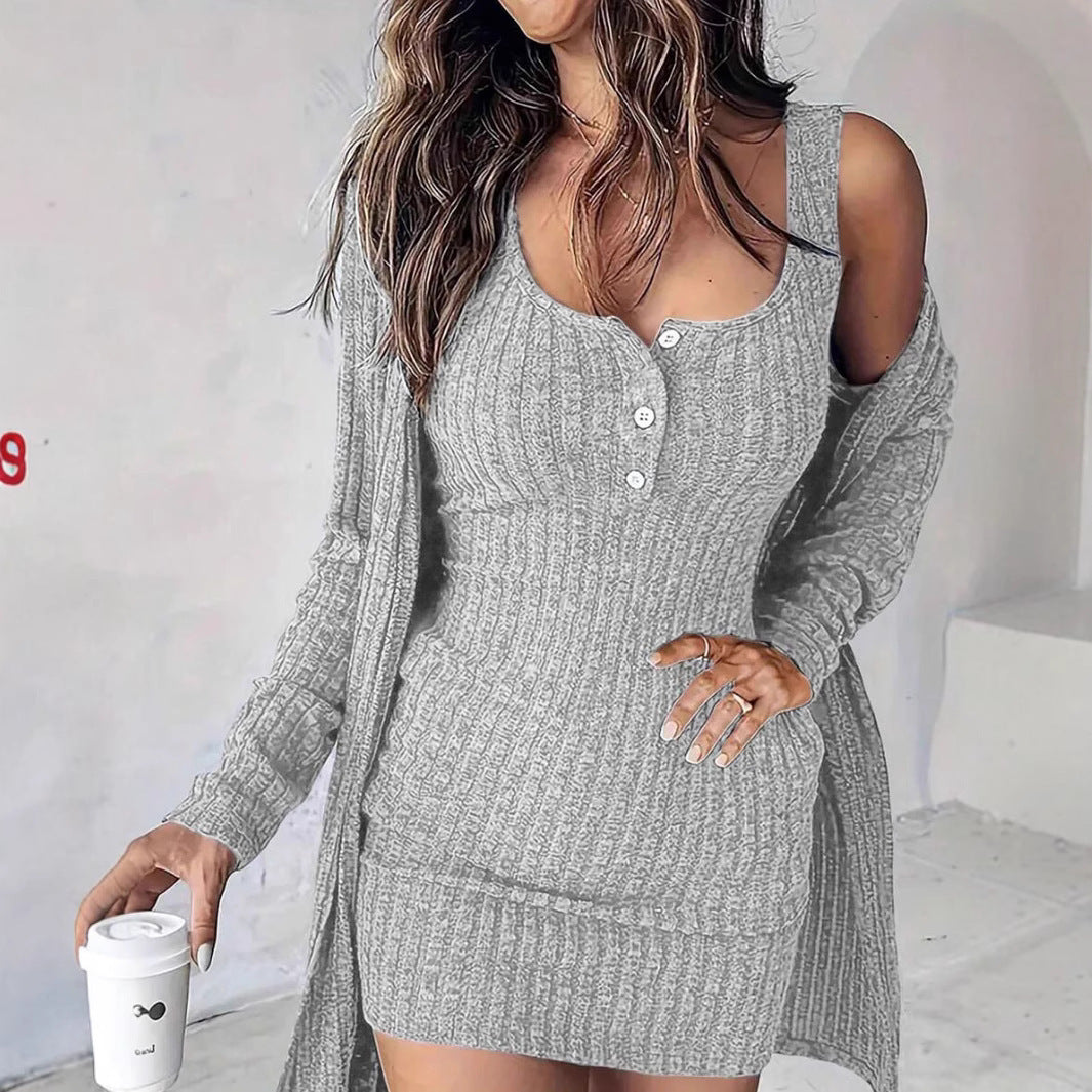 Women's Ribbed Twinset made of figure-hugging straps knitted dress and Open Long Cardigan Mune Fashion