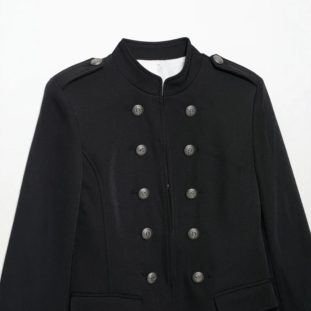Women Tailored Military Short Jacket with Stand-Up Collar and Double Row Mune Fashion