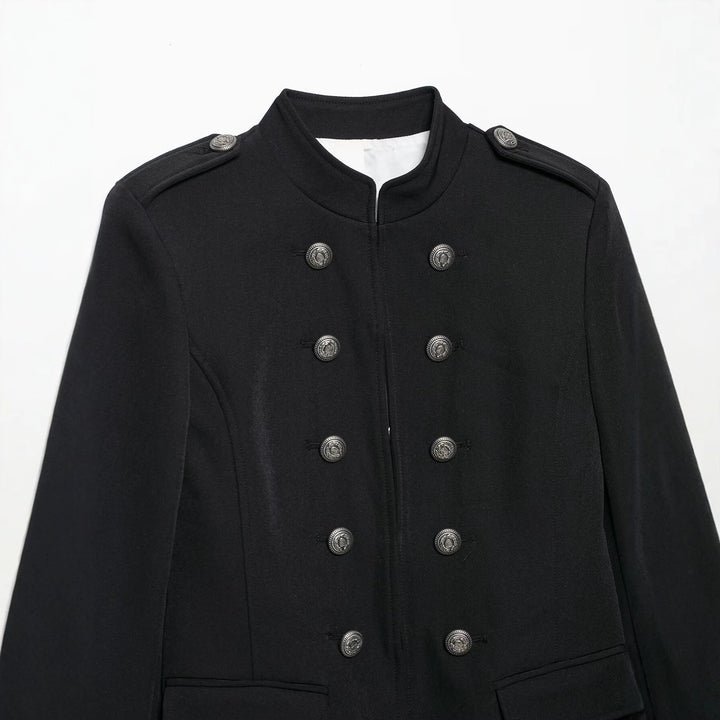 Women Tailored Military Short Jacket with Stand-Up Collar and Double Row Mune Fashion