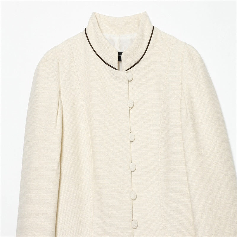 Women Bouclé-Tweed Short Jacket with Stand-Up Collar, Tailored Cut and Contrast Piping Mune Fashion