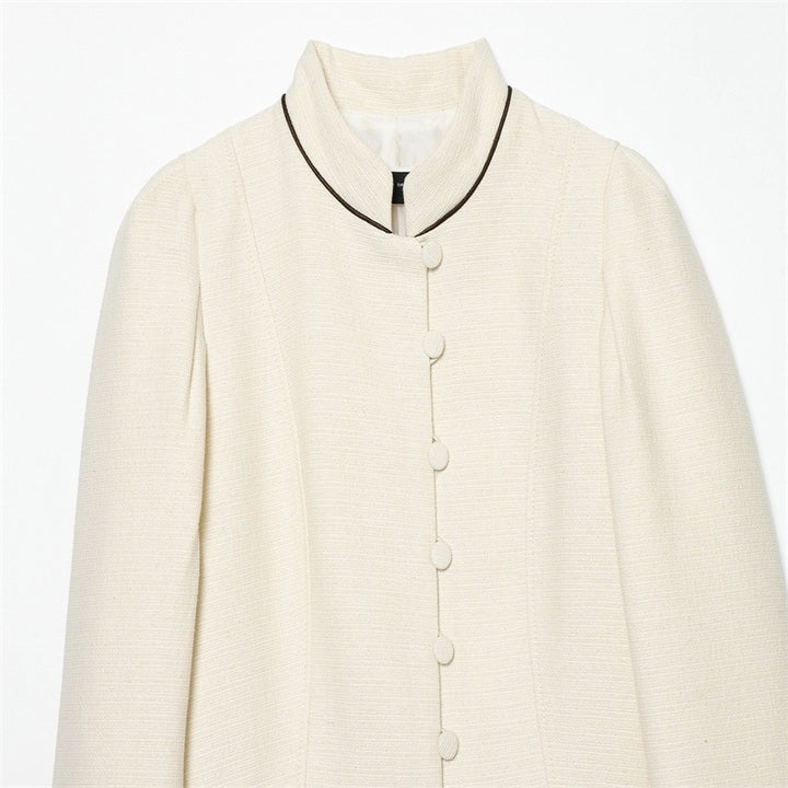 Women Bouclé-Tweed Short Jacket with Stand-Up Collar, Tailored Cut and Contrast Piping Mune Fashion