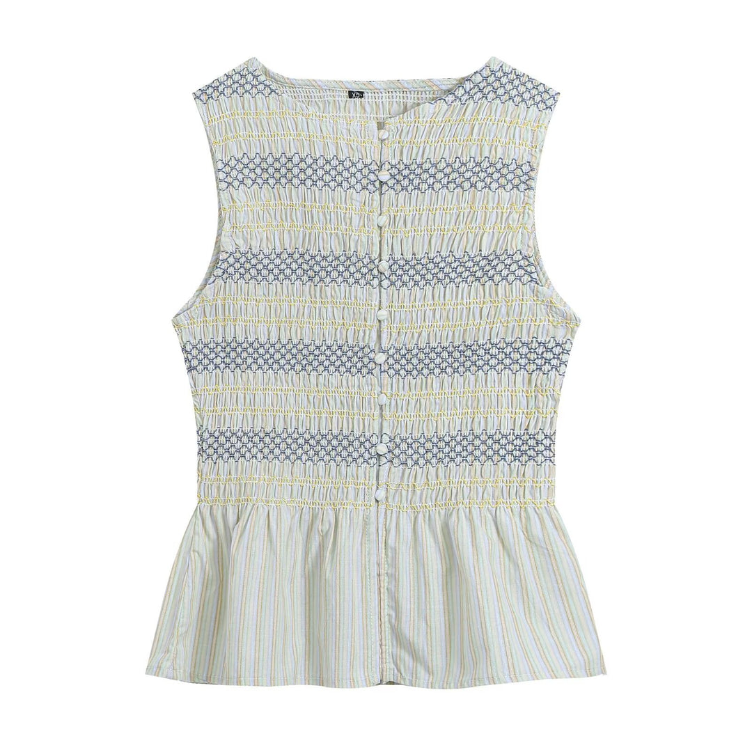 Women's gathered sleeveless top with smocked bodice, button placket, and flared hem Mune Fashion