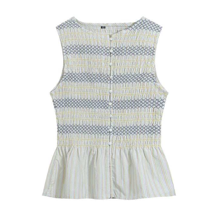Women's gathered sleeveless top with smocked bodice, button placket, and flared hem Mune Fashion