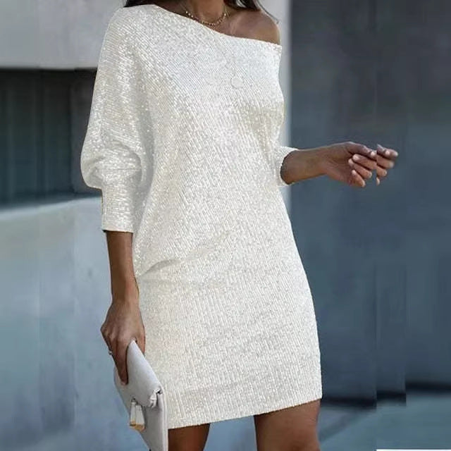 Women's Off-Shoulder Knit Mini Dress with Batwing Sleeves Drune