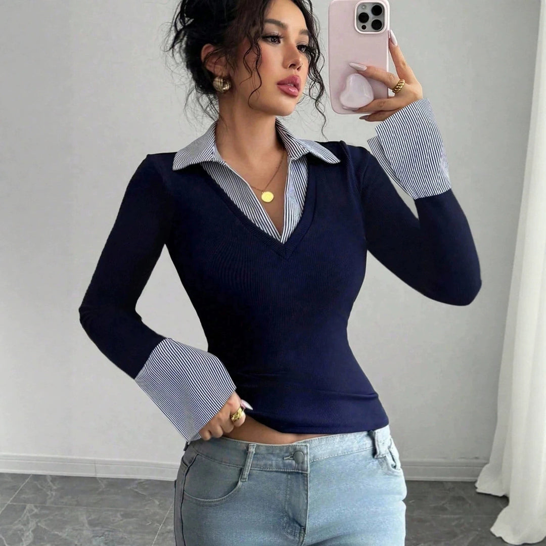 Women's Fitted Fine Knit Top with Shirt Collar and Contrast Cuffs Mune Fashion