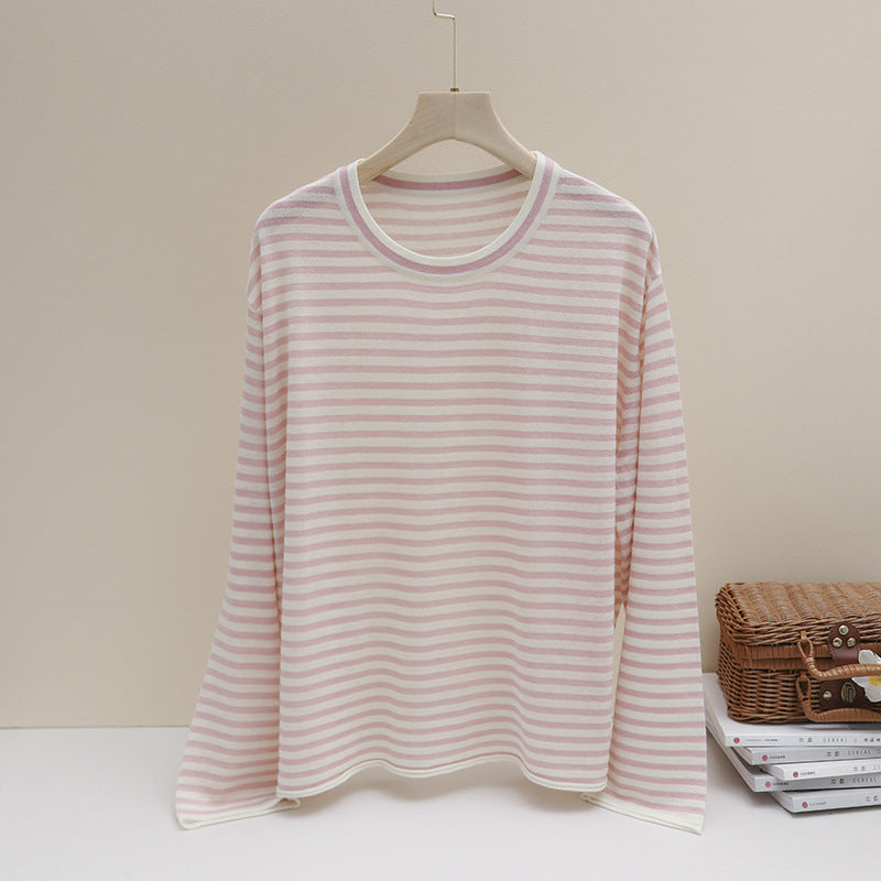 Womens fine striped long sleeve shirt with round neckline made of lightweight jersey Mune Fashion
