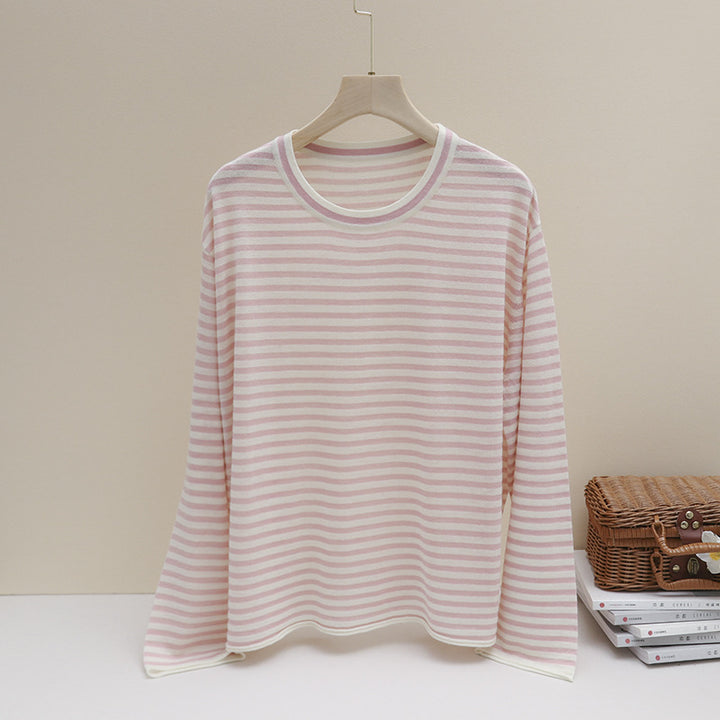 Womens fine striped long sleeve shirt with round neckline made of lightweight jersey Mune Fashion