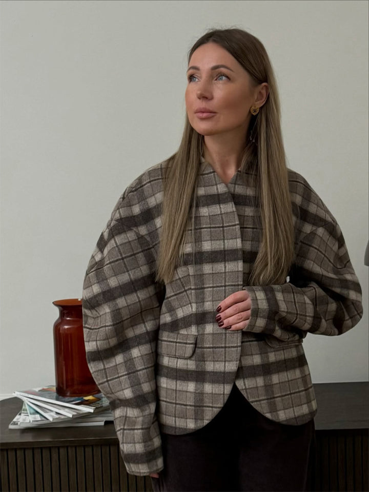Women's Checked Boxy Blazer with Voluminous Balloon Sleeves Mune Fashion