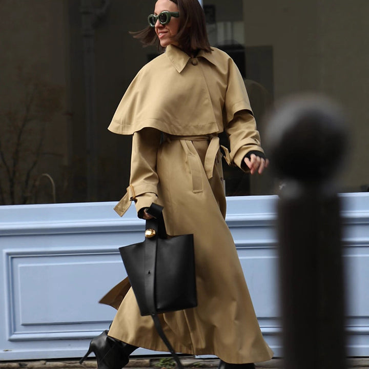 Ladies Long Trench Coat with Capelet, Waist Belt and Raglan Sleeves Mune Fashion