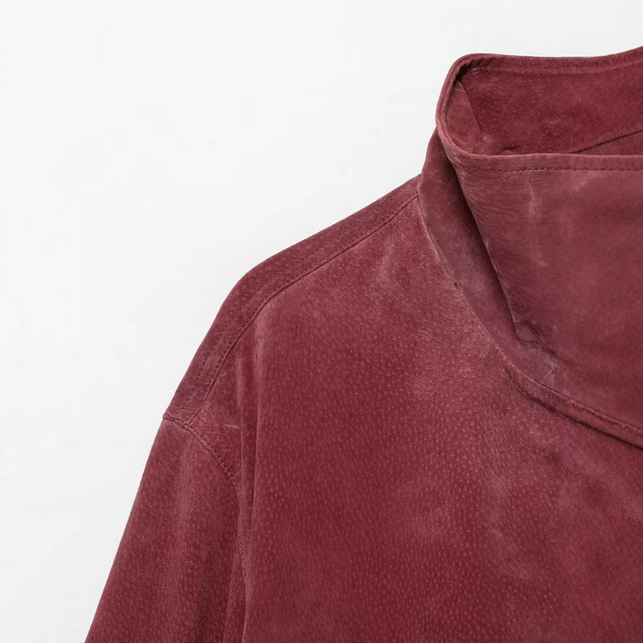 Women's Short Velour Leather Bomber with High Standing Collar and Elastic Hem