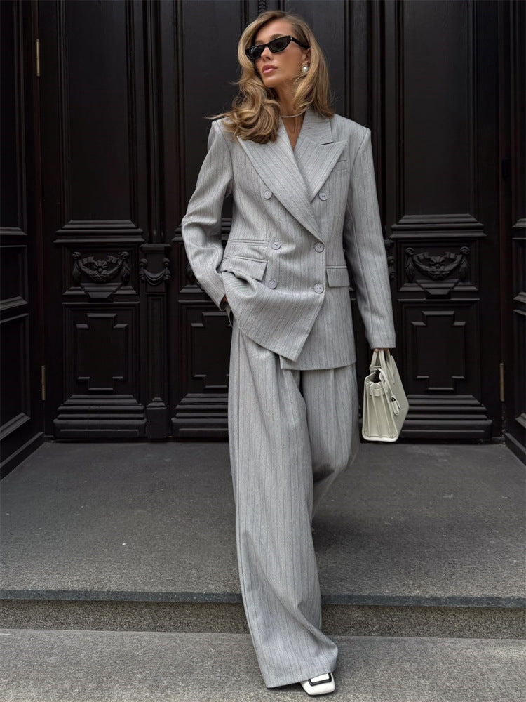Women's Oversized Double-Breasted Blazer Set with Pinstripes and Wide Pleated Trousers Mune Fashion