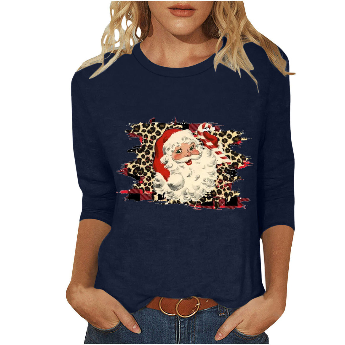 Women's casual sweatshirt with retro Santa print, leopard and check pattern, and three-quarter sleeves Mune Fashion