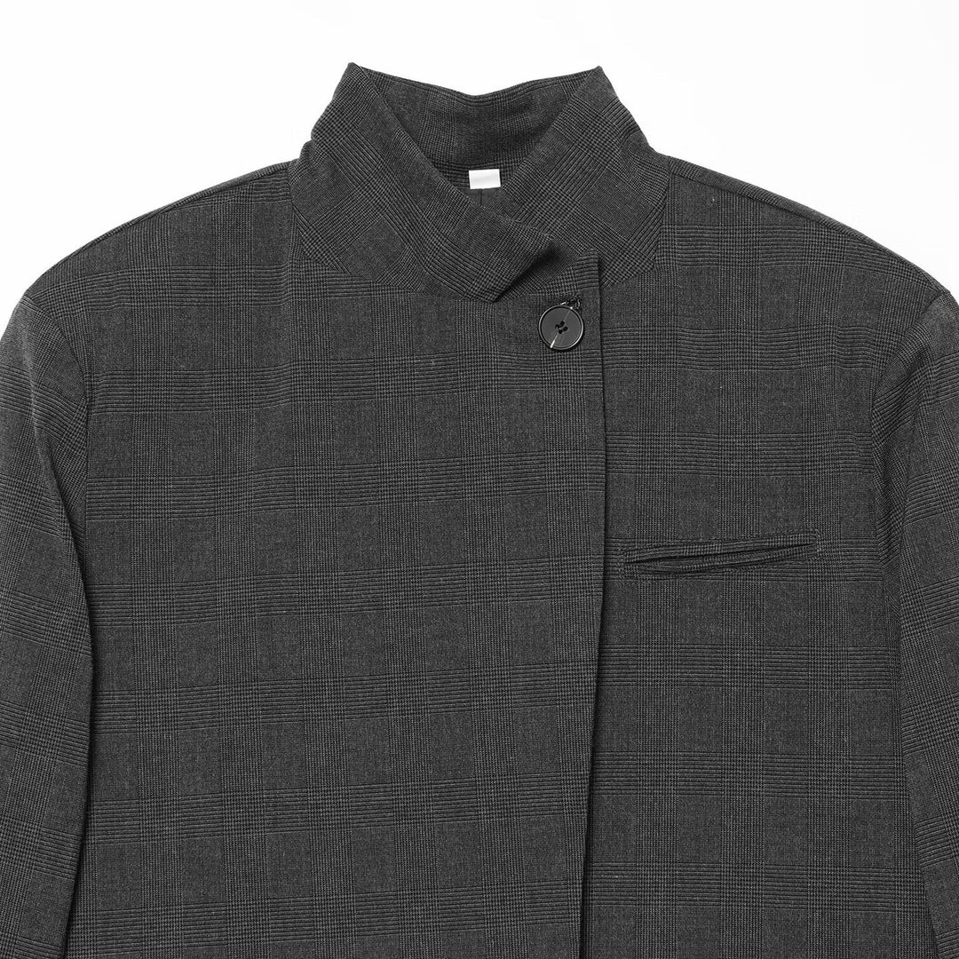 Women Checked Long Blazer with Stand Collar, Concealed Button Placket and Flap Pockets Mune Fashion