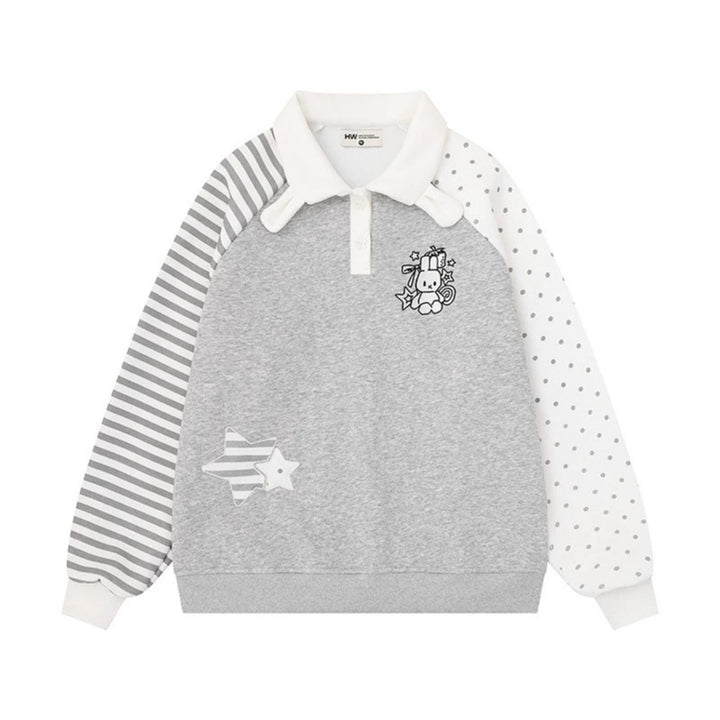 Women's Long Sleeve Polo Sweatshirt in Patchwork Style with Contrasting Sleeves and Star Applications Mune Fashion