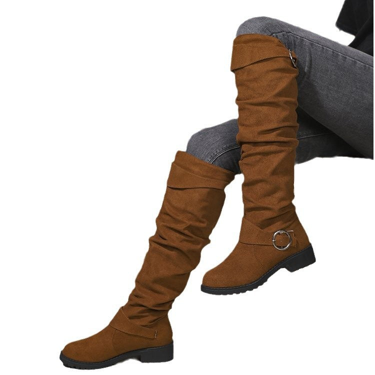 Ladies Over-The-Knee Boots Made Of Soft Suede with Decorative Buckle Detail Mune