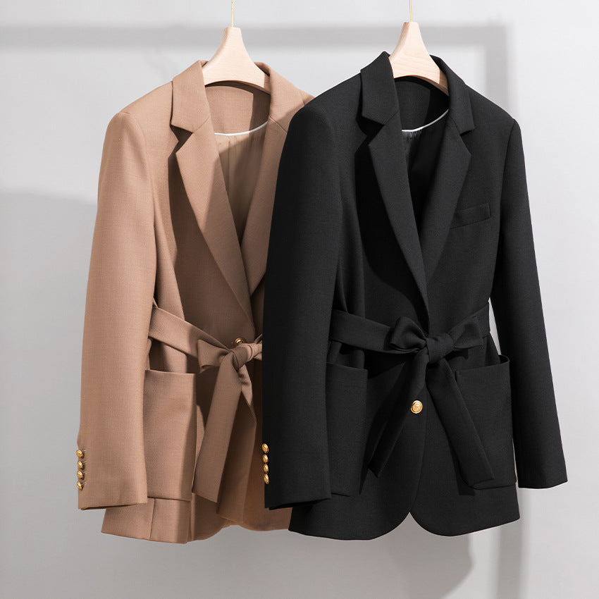 Women's Tailored Blazer Coat with Tie Belt, Flap Pockets and Notched Collar Mune Fashion