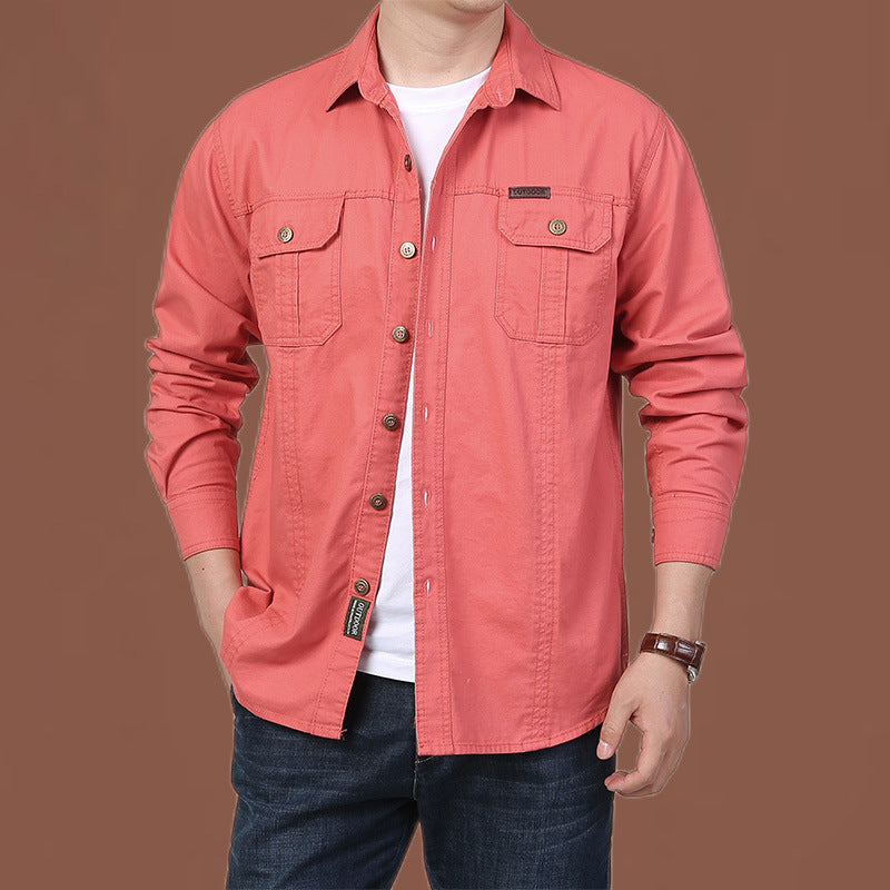 Men's robust cotton twill field shirt with patch flap chest pockets and distinctive seam details.