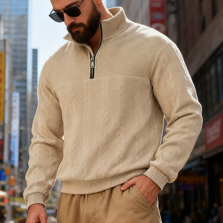 Men's textured half-zip knitted sweater with cable pattern and high stand-up collar Mune Fashion