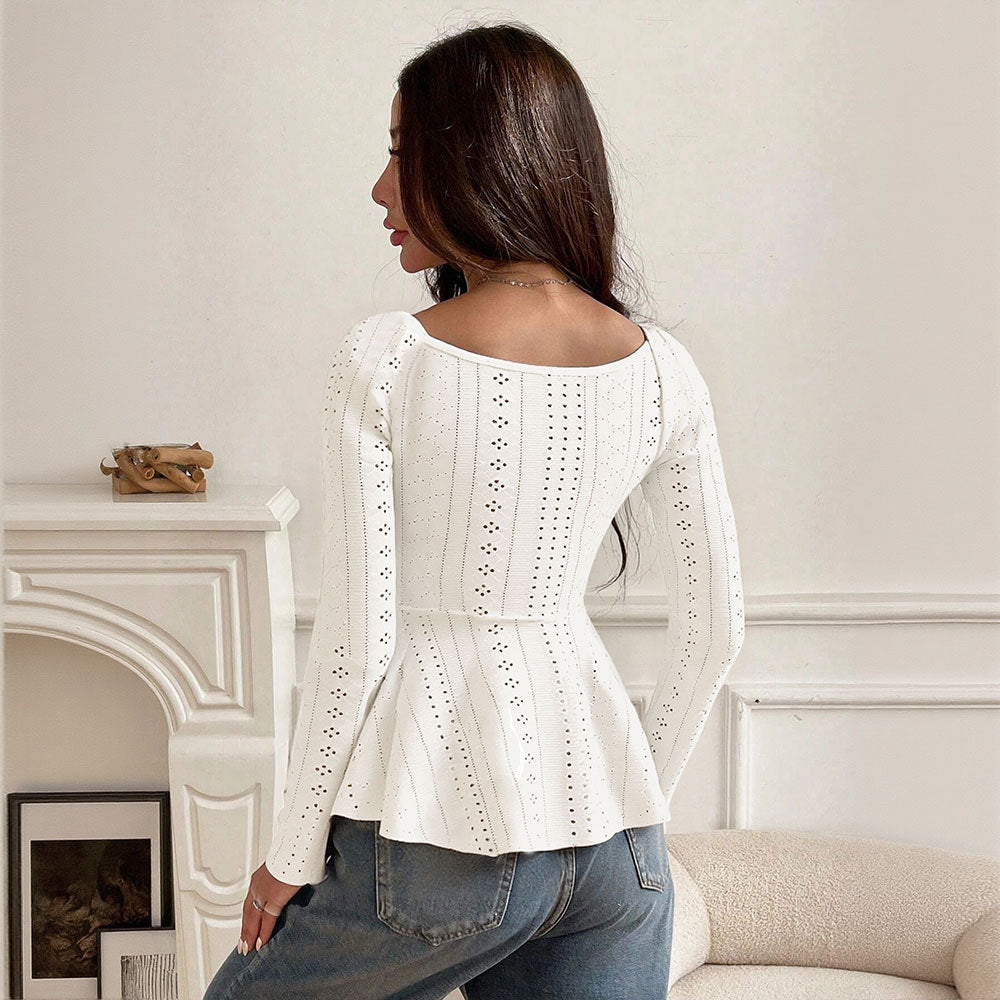 Women embroidered Broderie-Anglaise long sleeve top with gathering, V-neck effect and tailored peplum Mune Fashion