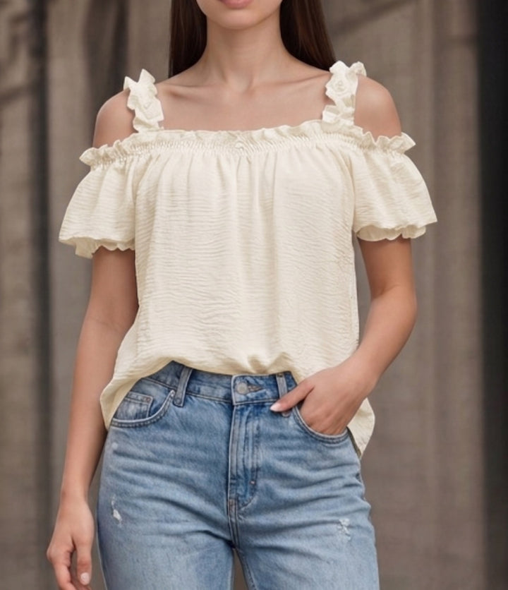 Women's Off-Shoulder Crinkle Top with Smocked Bandeau, Ruffled Straps and Wing Sleeves Mune Fashion