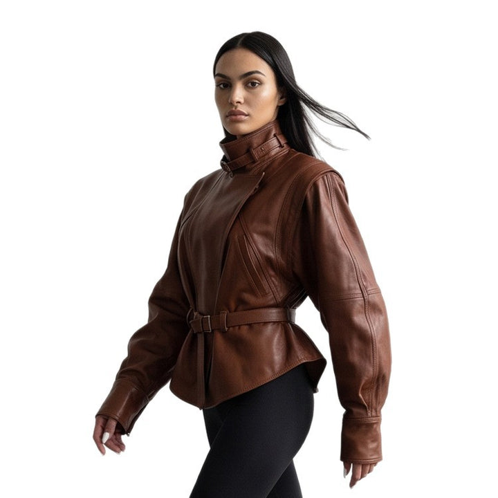 Women's tailored faux leather jacket with standing collar, neck strap, and figure-shaping waist belt Mune Fashion