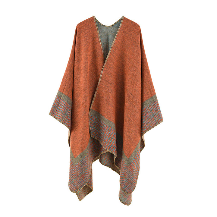 Women's wool blend poncho in asymmetric pointed cut with woven check border Mune Fashion