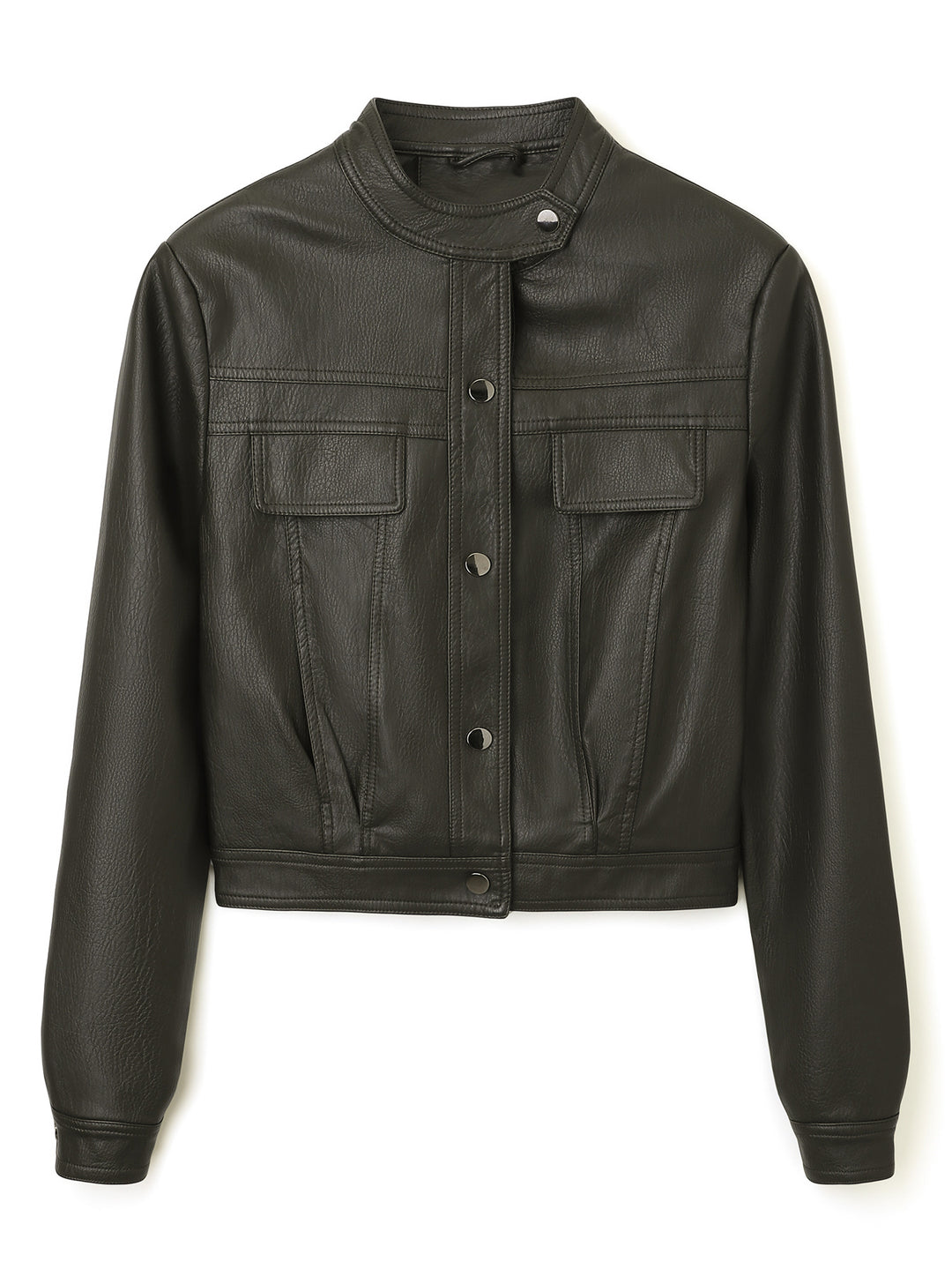 Women's Short Cut Leather Jacket with Stand-Up Collar and Flap Pockets Mune Fashion