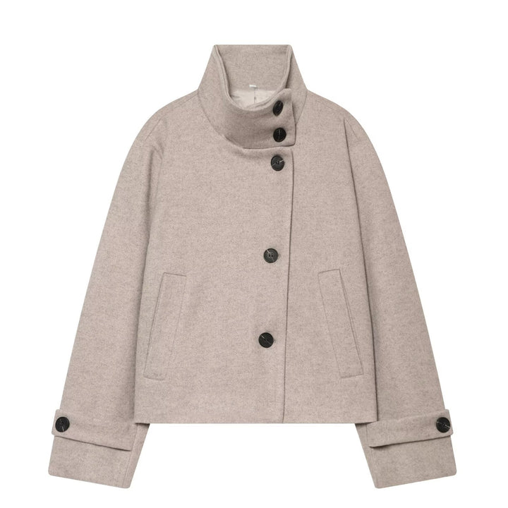 Women Short Cut Wool Coat with High Stand-Up Collar and Buttoned Cuffs Drune