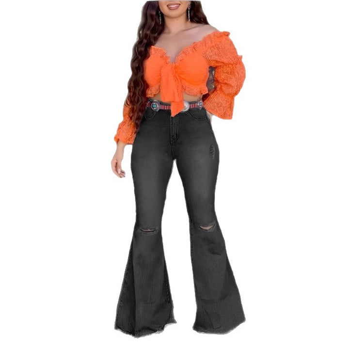 Women's High-Waisted Flared Jeans with Flared Leg, Knee Rips, and Figure-Enhancing Stretch Waistband Mune Fashion