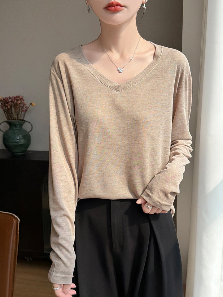 Ladies Lightweight V-Neck Fine Knit Long Sleeve Mune Fashion