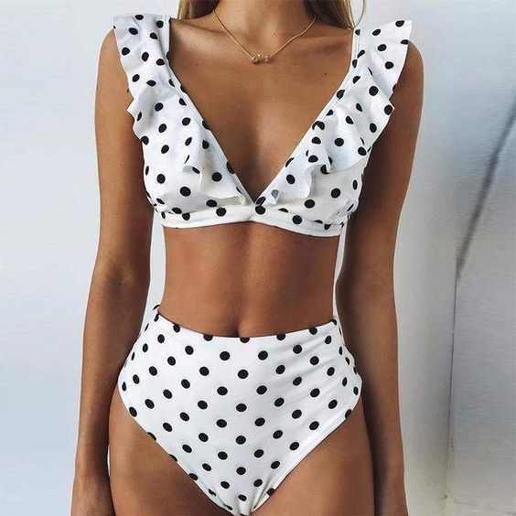 Ladies high-waisted bikini set with playful ruffles and polka dots Mune Fashion