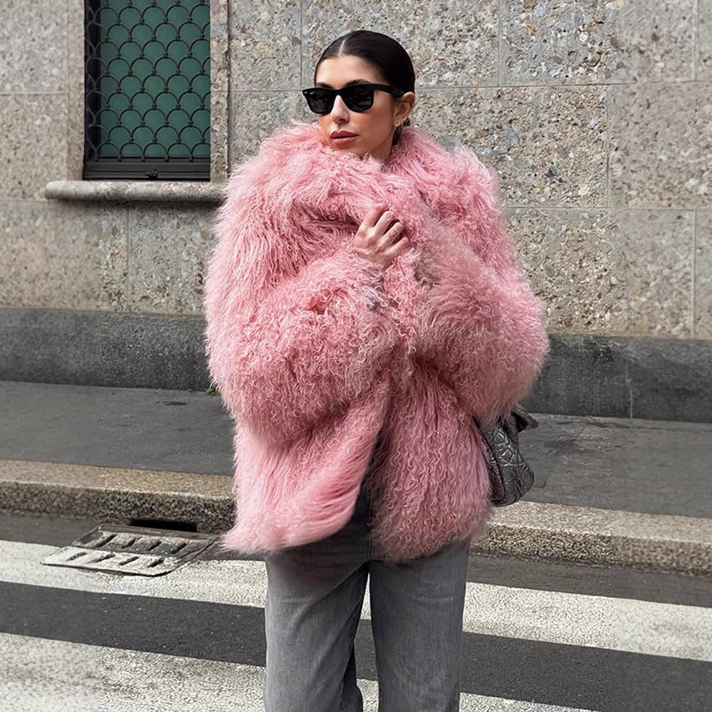 Women Short Cut Shaggy Faux Fur Coat with voluminous Shawl Collar and Oversized Silhouette Mune Fashion