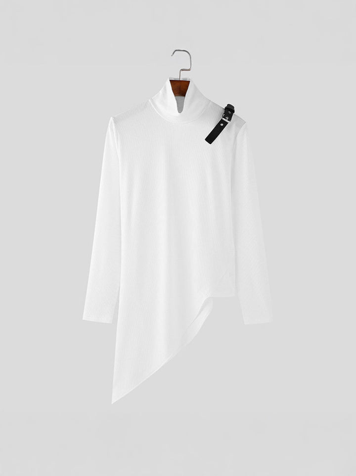 Women's asymmetrical long sleeve top made of fine knit with stand-up collar, diagonal hem, and adjustable shoulder strap Mune Fashion