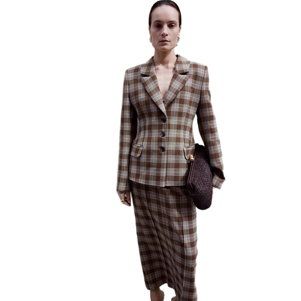 Women's Checkered Blazer and Mini Skirt Set with Tailored Silhouette and Peplum Mune Fashion