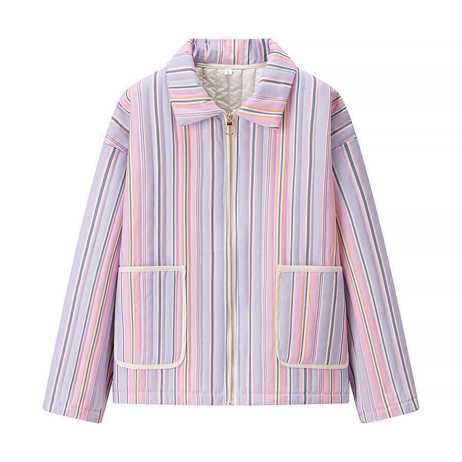 Women Striped Short Jacket with Stand-up Collar, Zipper and Patch Pockets Mune Fashion
