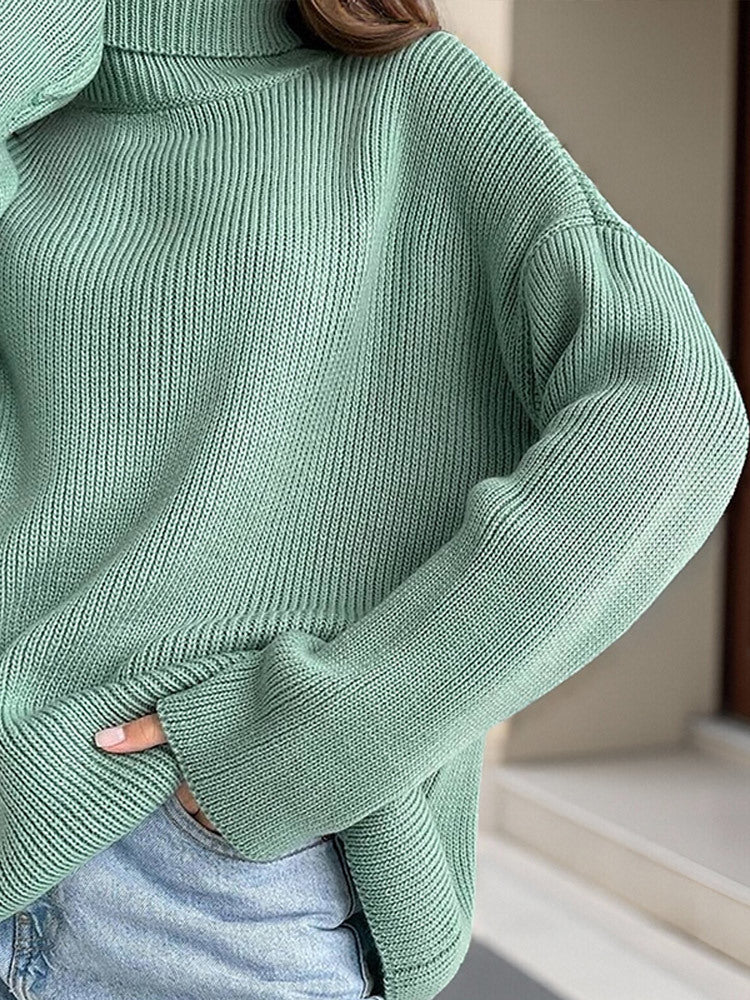 Women Oversized Ribbed Knit Turtleneck Sweater with Extended Cuff Mune Fashion