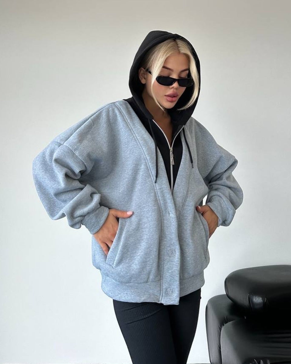Women Oversized Hooded Jacket with Snap Button Closure and Side Pockets Mune Fashion