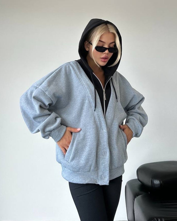 Women Oversized Hooded Jacket with Snap Button Closure and Side Pockets Mune Fashion