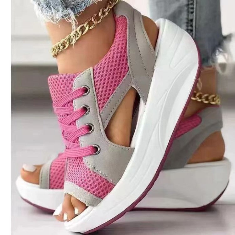 Damen Offene Keil-Sandale-Sneaker mit atmungsaktivem Mesh, profilierter Plateau-Sohle und Schnürung Mune Fashion